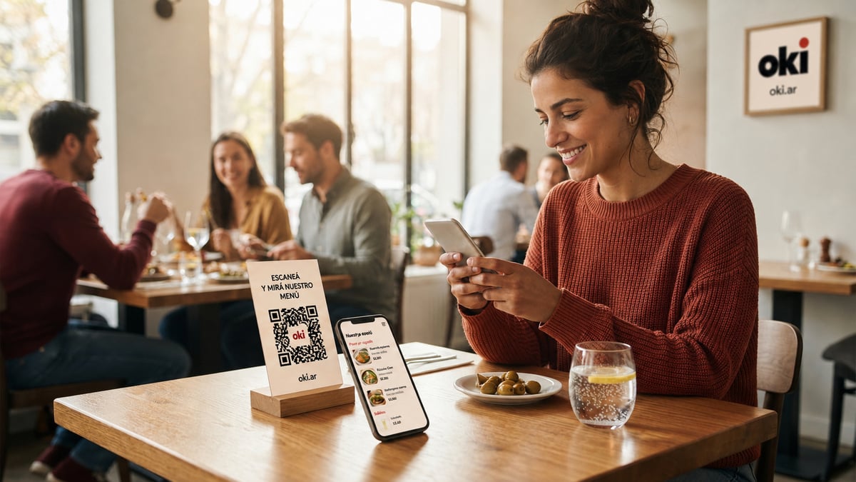 Mujer escaneando el código QR del menú desde la mesa de una cafetería