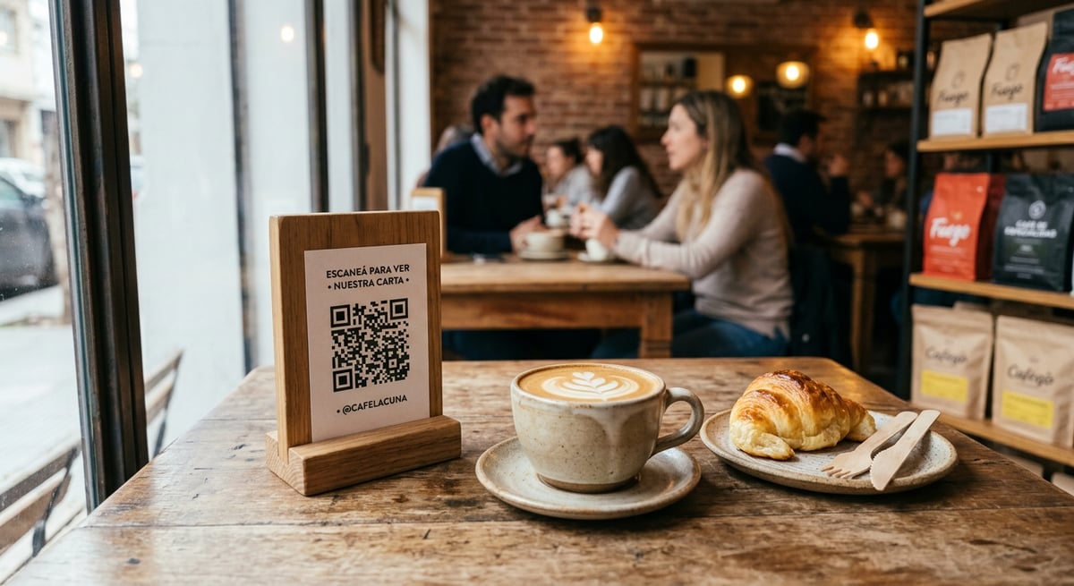 Código QR del menú junto a una taza de café y un croissant