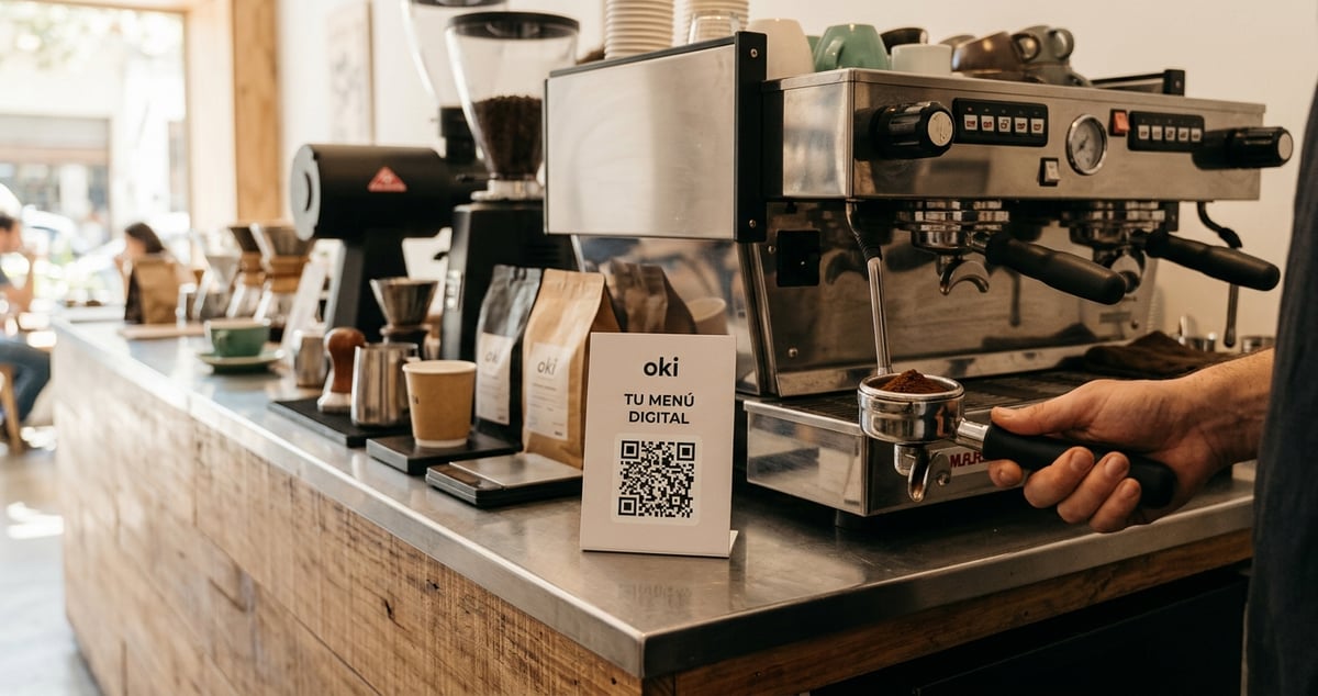 Cartel con código QR para ver el menú frente a la máquina de café