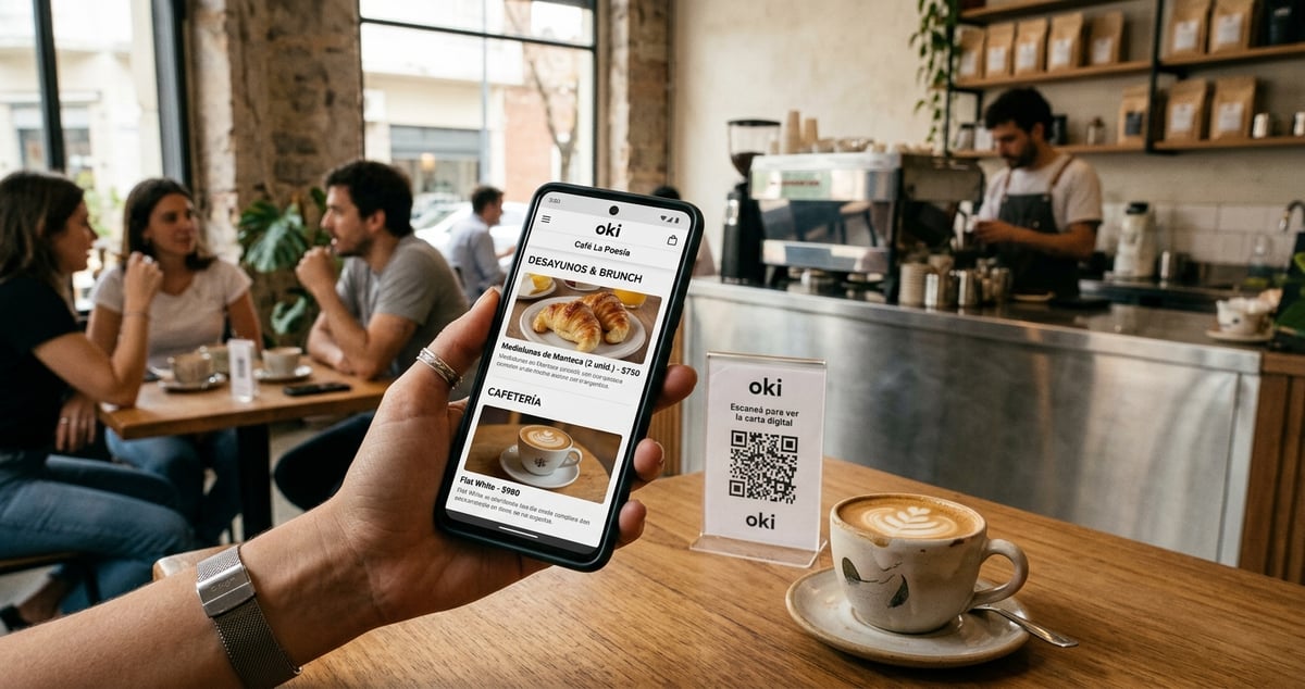 Cliente viendo platos del menú digital en su teléfono junto al código QR